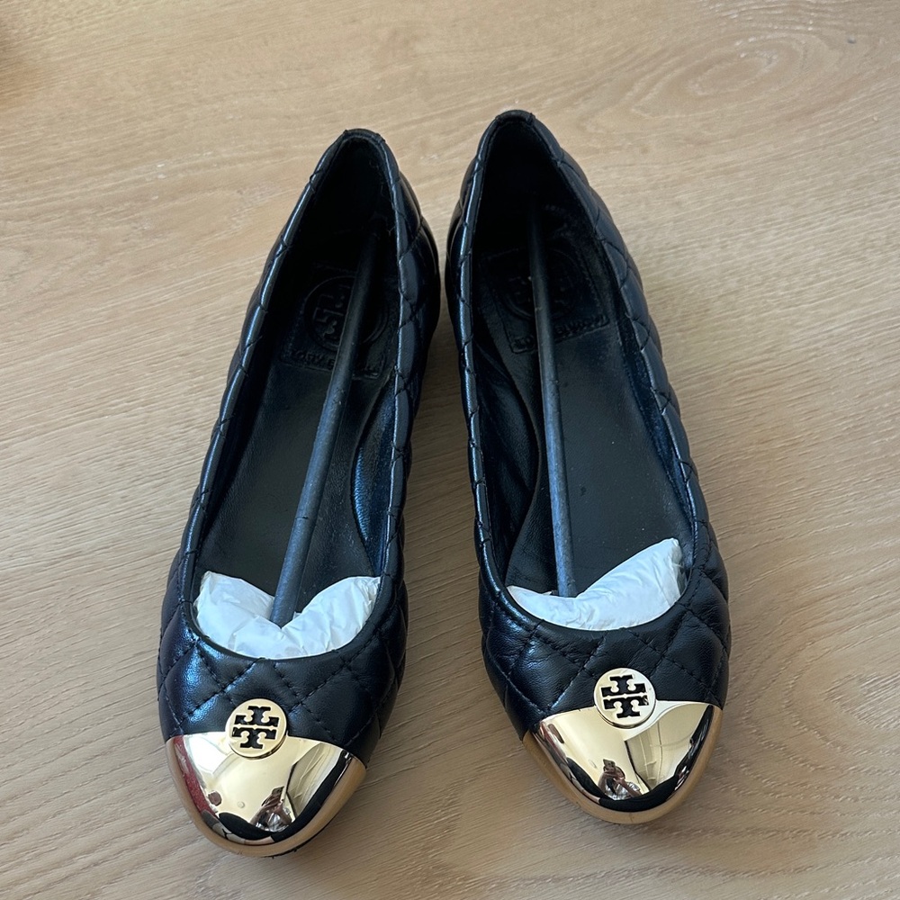 Tory Burch Black Quilted Flats with Gold Toe
